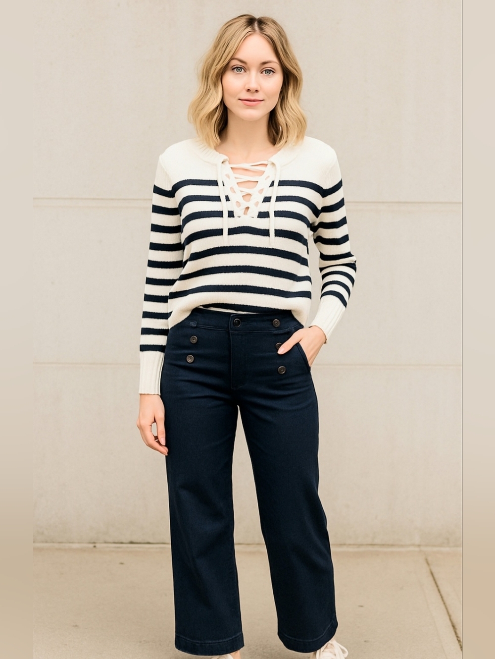 Navy & Cream Cotton Pull-on Lace-Up Long Sleeve Front Sailor Sweater Hamptons